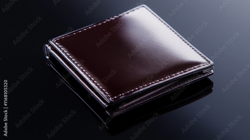 Elegant brown wallet on reflective surface lifestyle product showcase minimalist design close-up view Elegant brown wallet on reflective surface lifestyle product showcase minimalist design close-up view