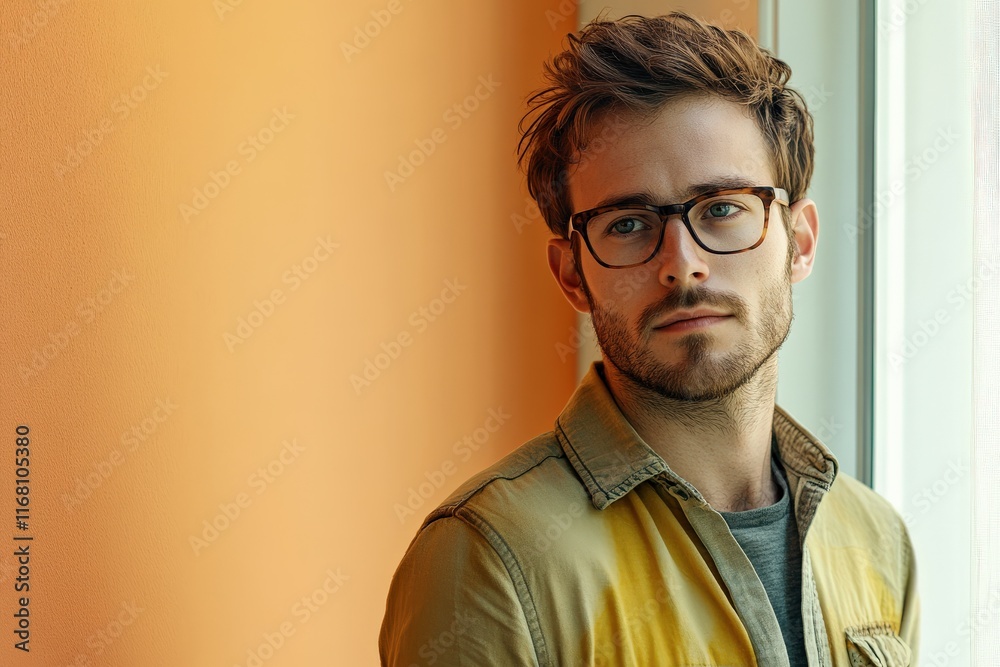 Thoughtful Young Man Posing by a Window with Warm Orange Background Thoughtful Young Man Posing by a Window with Warm Orange Background