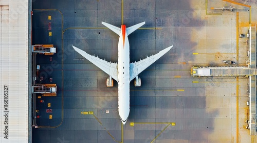 Aerial view, commercial airplane, tarmac, top-down perspective, white aircraft, red engine nacelles, runway markings, high-resolution, photorealistic, aviation photography, transport, travel, airport  photo