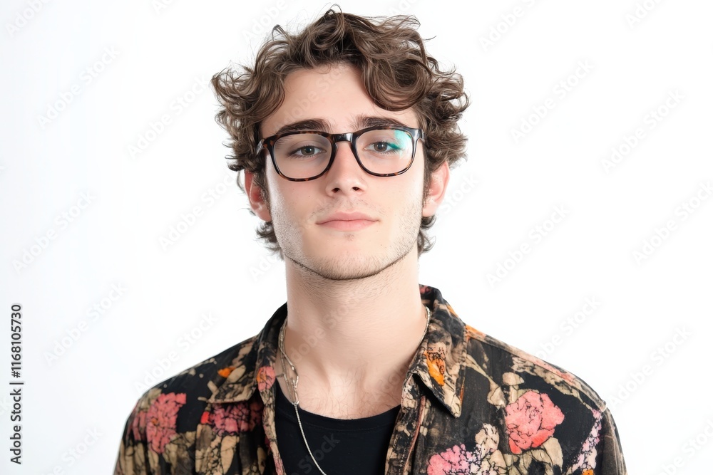 Stylish Young Man with Curly Hair and Glasses in Floral Shirt Against White Background Stylish Young Man with Curly Hair and Glasses in Floral Shirt Against White Background
