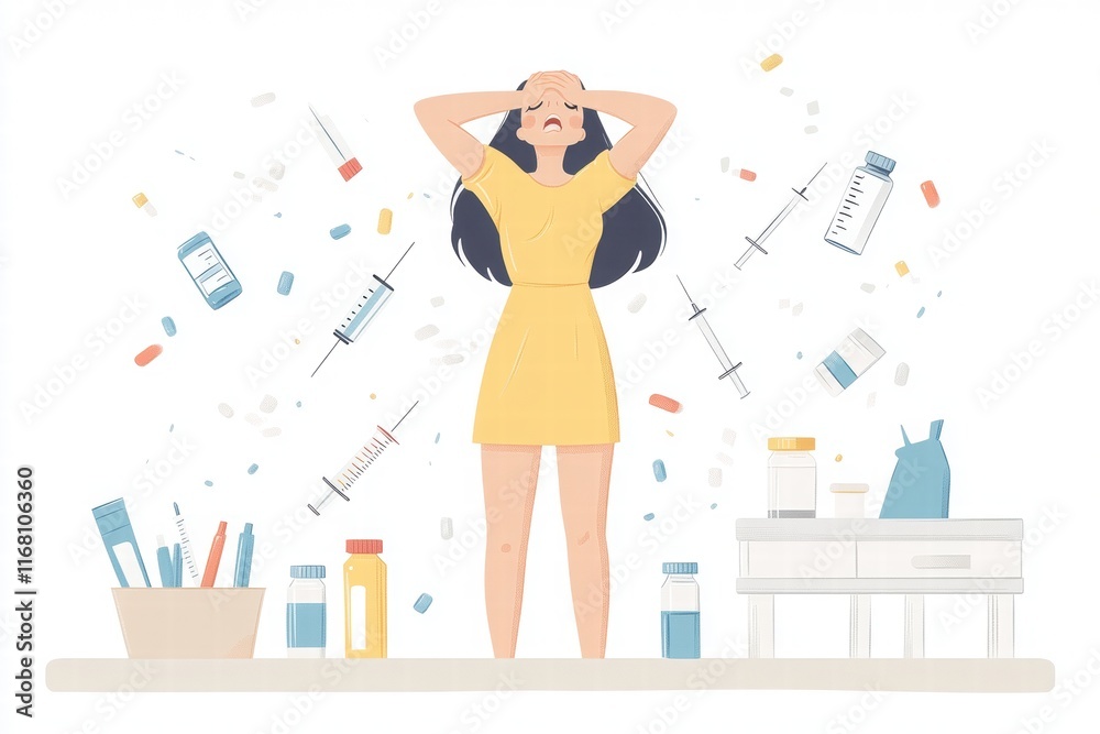 A woman in a yellow dress stands overwhelmed in a cluttered space filled with medications and syringes, illustrating stress or anxiety related to health. A woman in a yellow dress stands overwhelmed in a cluttered space filled with medications and syringes, illustrating stress or anxiety related to health.