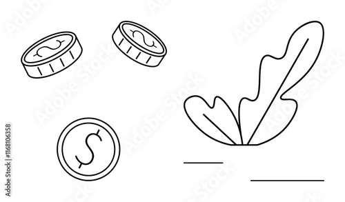 Coins with dollar signs falling or interacting with a plant leaf. Ideal for financial growth, investment strategies, savings, economic prosperity, wealth management, personal finance, economic