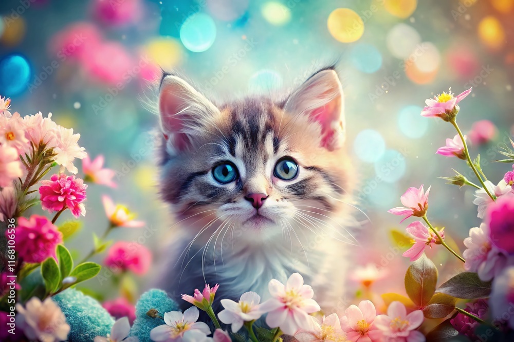 Fototapeta Adorable Kitten Double Exposure: Playful Feline in Floral Bloom