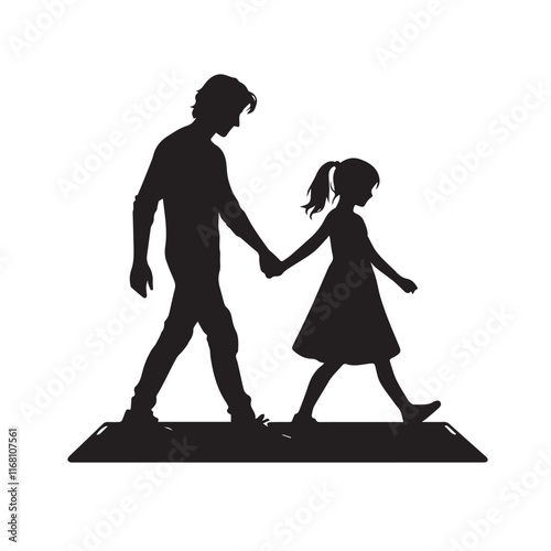A man and a girl are holding hands and walking on a mat