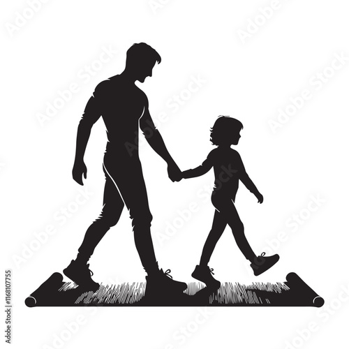 A man and a girl are holding hands and walking on a mat