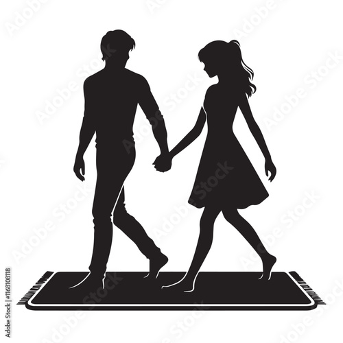 A man and a girl are holding hands and walking on a mat