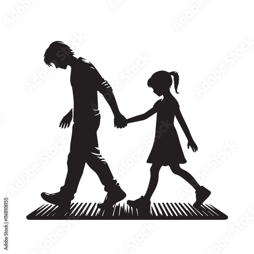 A man and a girl are holding hands and walking on a mat