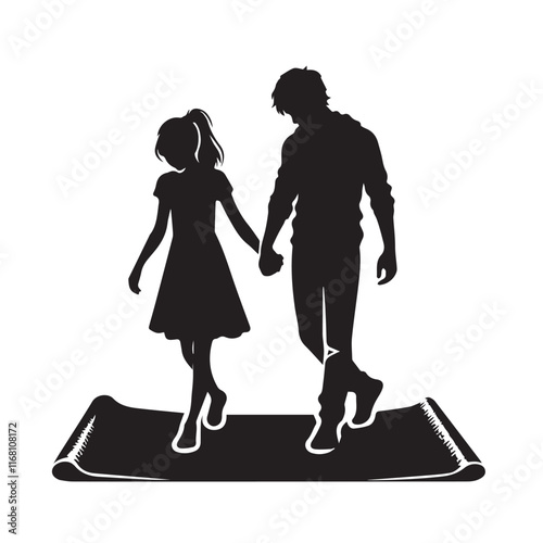 A man and a girl are holding hands and walking on a mat