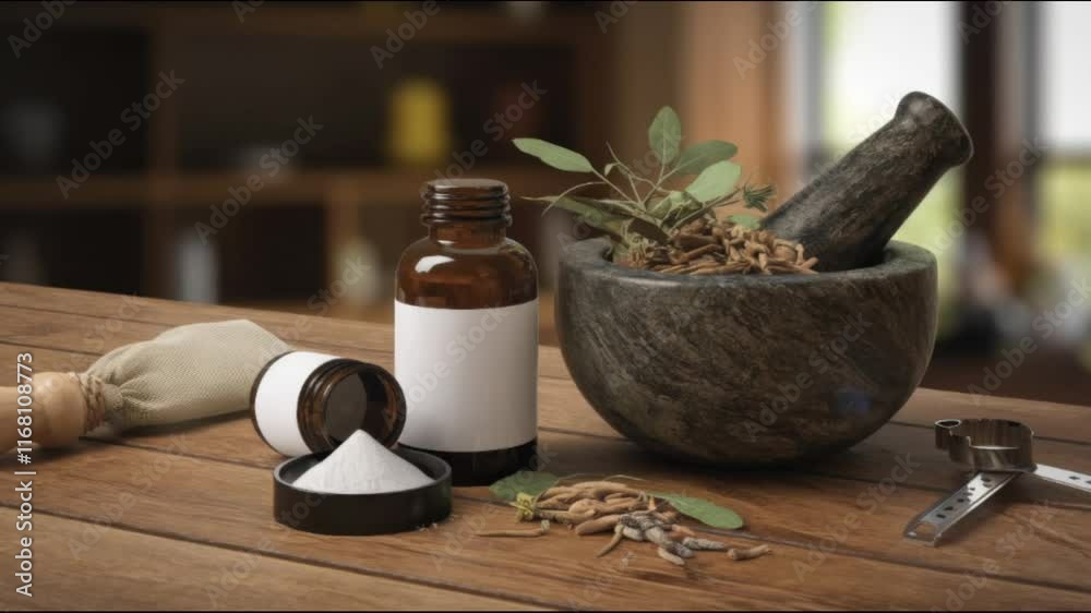 Pharmacy bottle and mortar with herbs on a wooden countertop