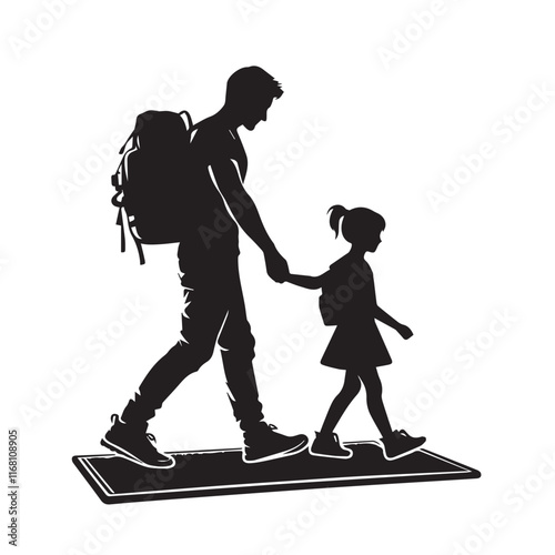 A man and a girl are holding hands and walking on a mat