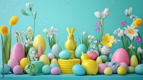 Colorful Easter scene with decorated eggs, flowers, and a cheerful bunny on a vibrant turquoise background photo