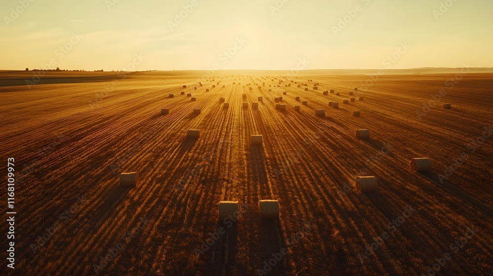 Fototapeta premium Golden Hay Bales Line Field At Sunset
