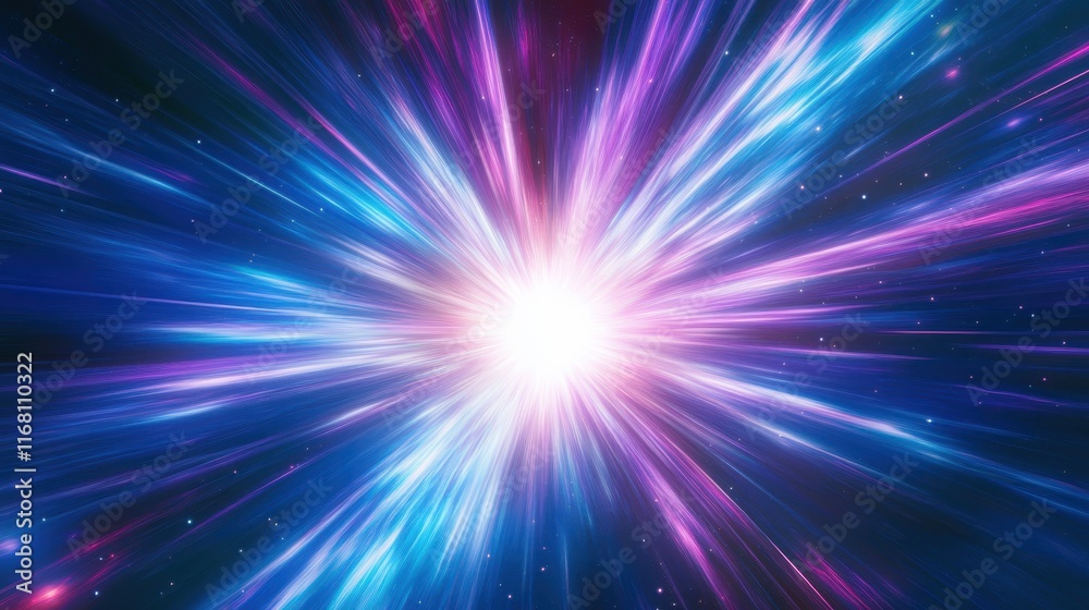 Cosmic explosion, vibrant neon colors, purple and blue energy burst, radial light streaks, abstract space background, dynamic motion blur, galactic core, hyperspace tunnel effect, intense bright cente Cosmic explosion, vibrant neon colors, purple and blue energy burst, radial light streaks, abstract space background, dynamic motion blur, galactic core, hyperspace tunnel effect, intense bright cente