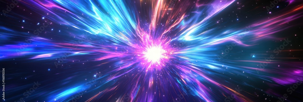 Cosmic explosion, vibrant neon colors, purple and blue energy burst, radial light streaks, abstract space background, dynamic motion blur, galactic core, hyperspace tunnel effect, intense bright cente