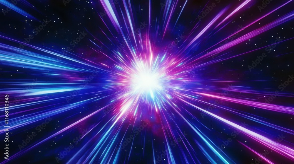 Cosmic explosion, vibrant neon colors, purple and blue energy burst, radial light streaks, abstract space background, dynamic motion blur, galactic core, hyperspace tunnel effect, intense bright cente Cosmic explosion, vibrant neon colors, purple and blue energy burst, radial light streaks, abstract space background, dynamic motion blur, galactic core, hyperspace tunnel effect, intense bright cente