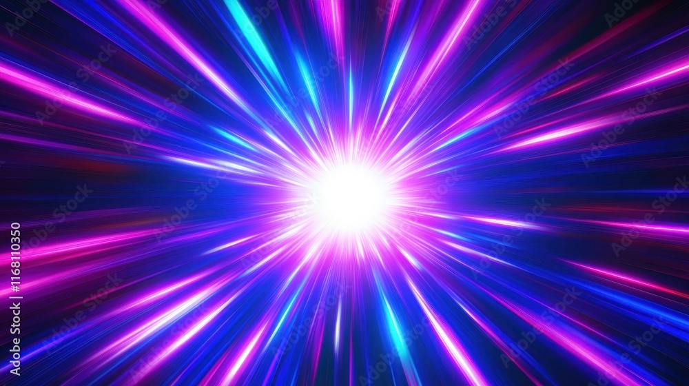 Cosmic explosion, vibrant neon colors, purple and blue energy burst, radial light streaks, abstract space background, dynamic motion blur, galactic core, hyperspace tunnel effect, intense bright cente Cosmic explosion, vibrant neon colors, purple and blue energy burst, radial light streaks, abstract space background, dynamic motion blur, galactic core, hyperspace tunnel effect, intense bright cente