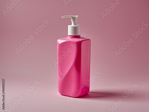 a pink transparent plastic pump bottle with a white dispenser, set against a matching pink background. Perfect for beauty, skincare, or product branding themes. photo