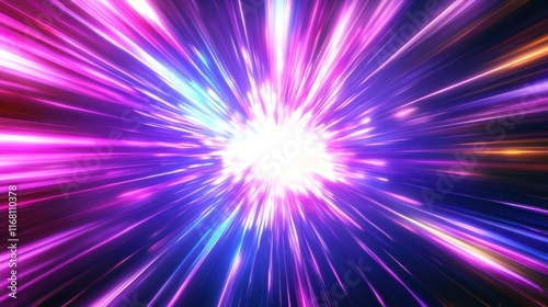 Cosmic explosion  vibrant neon colors  purple and blue energy burst  radial light streaks  abstract space background  dynamic motion blur  galactic core  hyperspace tunnel effect  intense bright cente