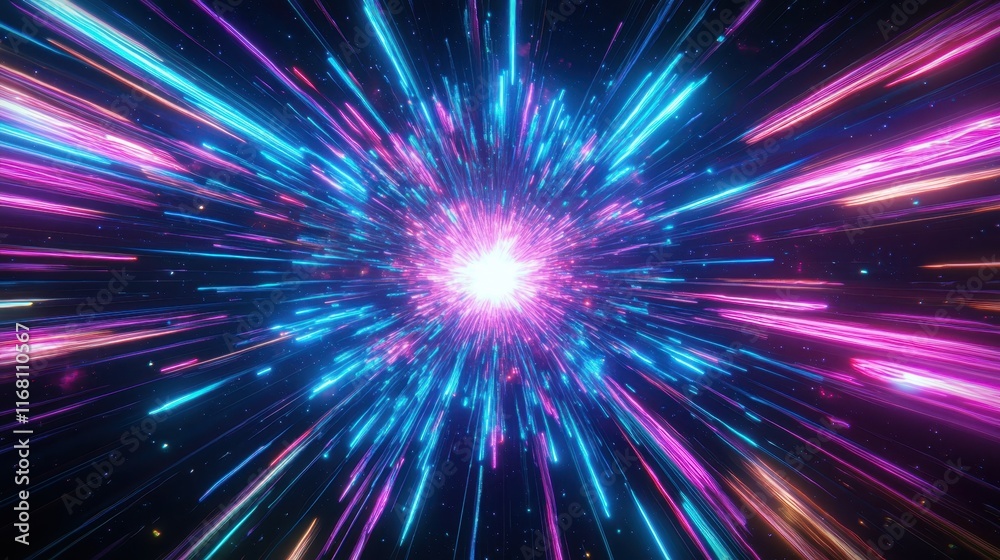 Cosmic explosion, vibrant neon colors, purple and blue energy burst, radial light streaks, abstract space background, dynamic motion blur, galactic core, hyperspace tunnel effect, intense bright cente Cosmic explosion, vibrant neon colors, purple and blue energy burst, radial light streaks, abstract space background, dynamic motion blur, galactic core, hyperspace tunnel effect, intense bright cente