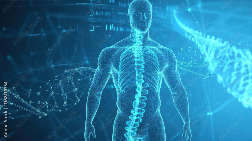 Futuristic blue abstract image of human figure with visible spine, representing medical technology and innovation in healthcare. design conveys sense of advanced science Futuristic blue abstract image of human figure with visible spine, representing medical technology and innovation in healthcare. design conveys sense of advanced science