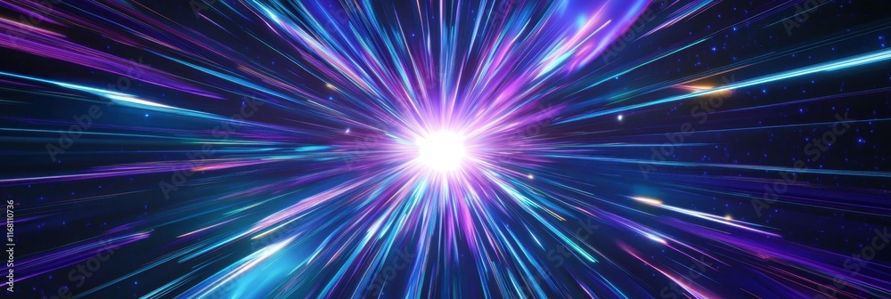 Cosmic explosion, vibrant neon colors, purple and blue energy burst, radial light streaks, abstract space background, dynamic motion blur, galactic core, hyperspace tunnel effect, intense bright cente Cosmic explosion, vibrant neon colors, purple and blue energy burst, radial light streaks, abstract space background, dynamic motion blur, galactic core, hyperspace tunnel effect, intense bright cente