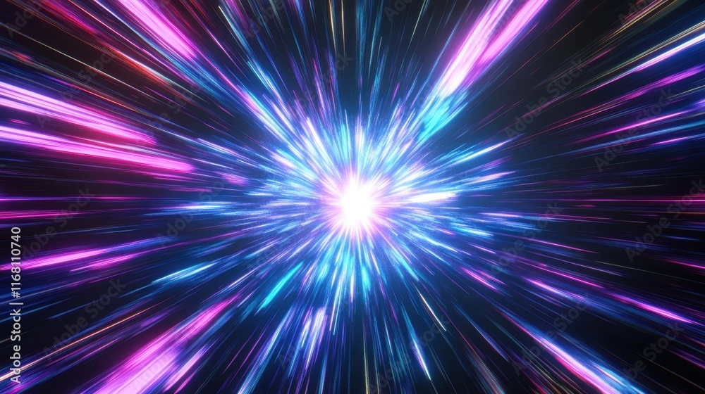 Cosmic explosion, vibrant neon colors, purple and blue energy burst, radial light streaks, abstract space background, dynamic motion blur, galactic core, hyperspace tunnel effect, intense bright cente Cosmic explosion, vibrant neon colors, purple and blue energy burst, radial light streaks, abstract space background, dynamic motion blur, galactic core, hyperspace tunnel effect, intense bright cente