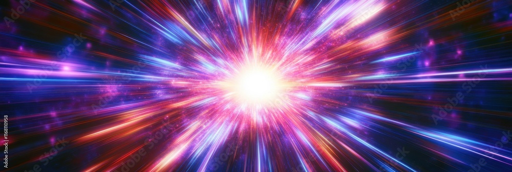 Cosmic explosion, vibrant neon colors, purple and blue energy burst, radial light streaks, abstract space background, dynamic motion blur, galactic core, hyperspace tunnel effect, intense bright cente Cosmic explosion, vibrant neon colors, purple and blue energy burst, radial light streaks, abstract space background, dynamic motion blur, galactic core, hyperspace tunnel effect, intense bright cente