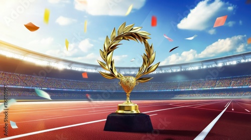 stadium track, golden laurel wreath trophy, red running lanes, blue sky with clouds, Olympic arena, victory podium, sports competition, achievement symbol, panoramic view, daytime atmosphere, lens fla photo