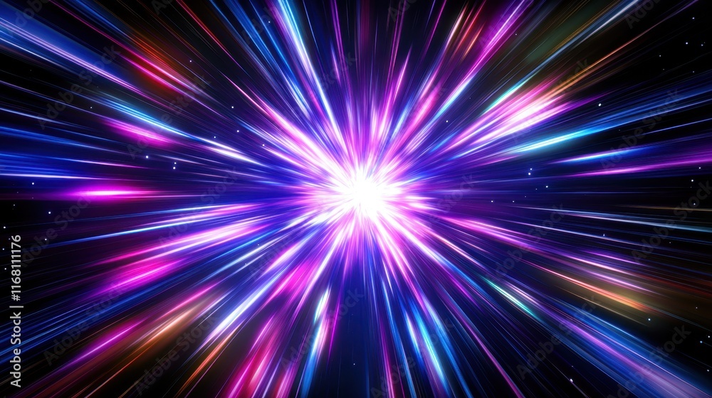 Cosmic explosion, vibrant neon colors, purple and blue energy burst, radial light streaks, abstract space background, dynamic motion blur, galactic core, hyperspace tunnel effect, intense bright cente Cosmic explosion, vibrant neon colors, purple and blue energy burst, radial light streaks, abstract space background, dynamic motion blur, galactic core, hyperspace tunnel effect, intense bright cente