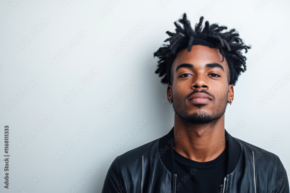 Confident Young Man with Stylish Hair and Leather Jacket Against a Light Background Confident Young Man with Stylish Hair and Leather Jacket Against a Light Background