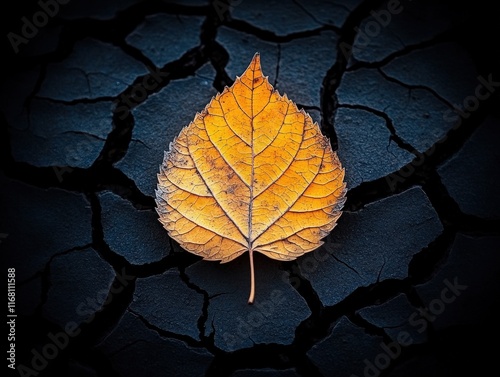 Single autumn leaf rests on cracked, dry earth; evocative image of drought, fragility, and the passage of time.