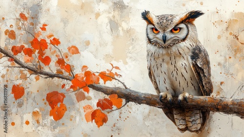 Majestic owl perched on branch with autumn leaves in serene setting photo