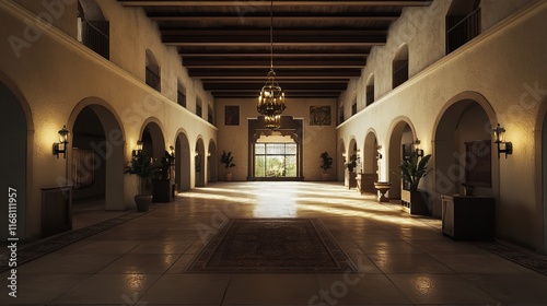 A room with a couch and a rug on the floor and a window with the sun shining through the windows.
