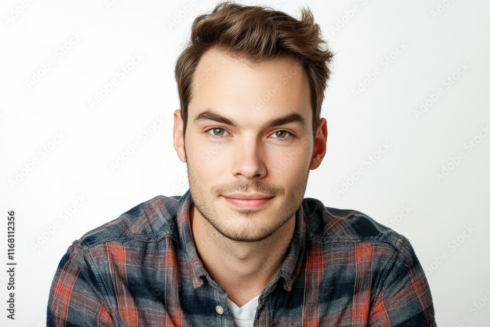 Confident Young Man in Casual Attire with a Friendly Smile Against a Light Background Confident Young Man in Casual Attire with a Friendly Smile Against a Light Background