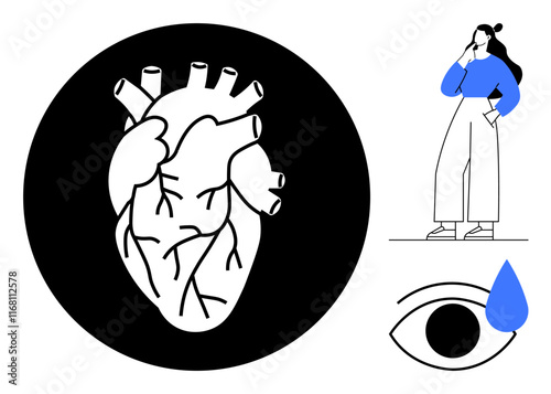 Anatomical heart in black circle, woman in blue sweater deep in thought, eye with blue tear. Ideal for mental health, emotions, anatomy, contemplation, sadness relationships empathy. Abstract line