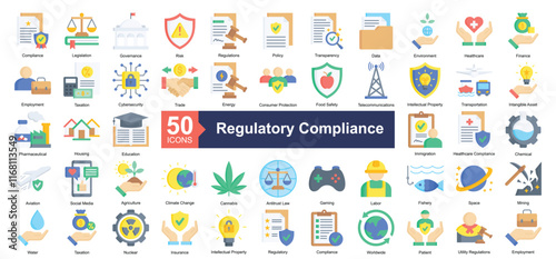 Regulatory Compliance Icon Collection Set.Containing compliance, legislation, governance, risk, policy icon. Simple flat style Vector Illustration.	