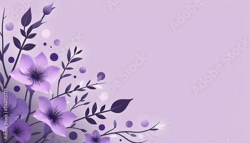 Purple flowers and leaves on pastel lavender background