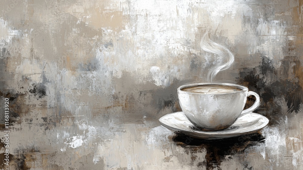 Cozy Cup of Steaming Coffee on a Neutral Background with Artistic Brush Strokes in Warm Tones Cozy Cup of Steaming Coffee on a Neutral Background with Artistic Brush Strokes in Warm Tones