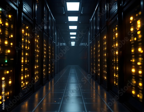Illuminated Server Hallway  A Dark  Technological Vista