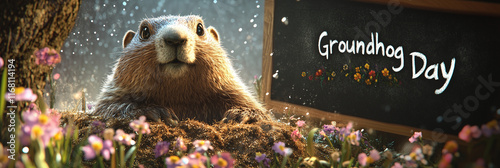 A dynamic illustration of a groundhog emerging from its burrow with a curious expression.