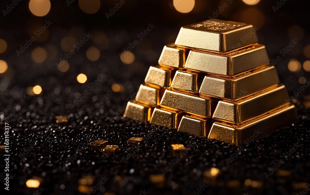 Gold bars stacked in a pyramid on black sand. Gold bars stacked in a pyramid on black sand.