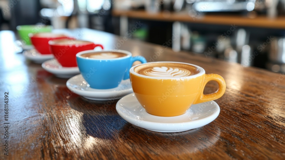Colorful coffee cups lined on a wooden table showcasing latte art with a vibrant café background Colorful coffee cups lined on a wooden table showcasing latte art with a vibrant café background