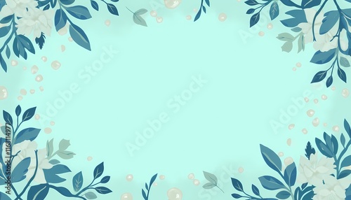 Botanical frame with blue leaves on a soft aqua background photo