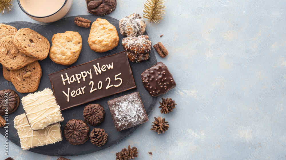 festive food platter with cookies, Chocolates, and Happy New Year 2025 message festive food platter with cookies, Chocolates, and Happy New Year 2025 message