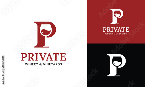 Letter Initial P Wine Glass Logo Design Template. Suitable for Bar Restaurant Cafe Winery Vineyard Pub Club Business Brand Company Logo Design.