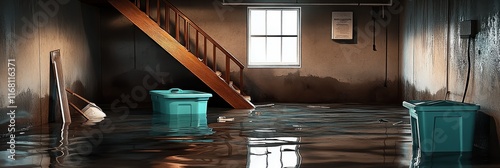 flooded basement, standing water, submerged floor, soggy carpet, water damage, teal chair, wooden stairs, small window, dim lighting, reflection on water surface, abandoned interior, damp walls, disas photo