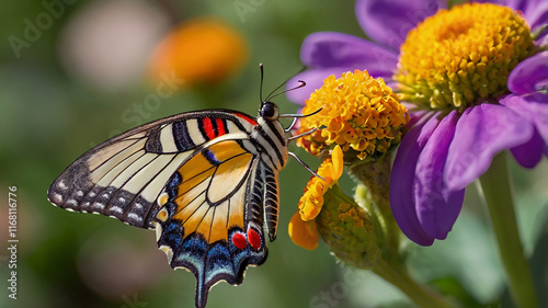 Vibrant Butterfly on Purple Zinnia: A Detailed Close-Up photo