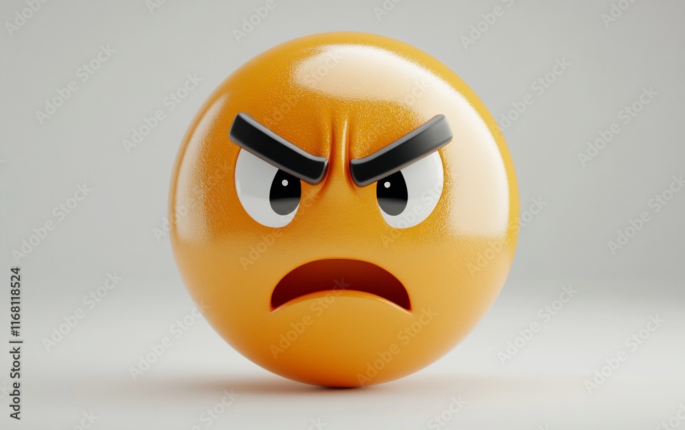 Angry yellow emoji with furrowed brow on gray background. Angry yellow emoji with furrowed brow on gray background.