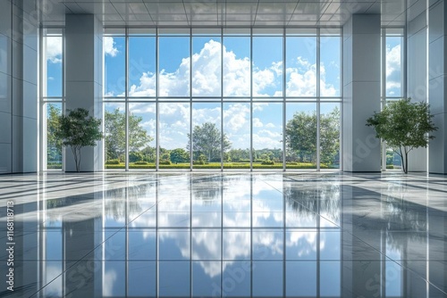 Modern Building Interior Shows Floor Reflection and Greenery Landscape with Corporate Design Concept
