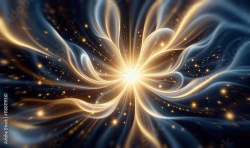 Art light background. Golden background. Golden light, sun rays, gold flare. Light flashes. Golden shining light effect. Bright sun sparkles with stars and sparkles.